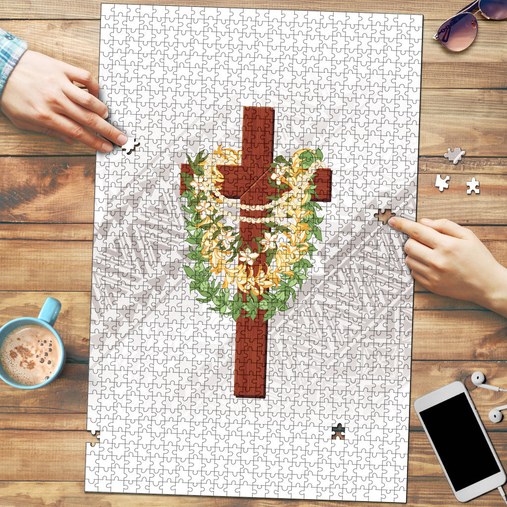 Hawaii Ka Pule a ka Haku Memorial Puzzle Flower Lei Cross - Ivory White LT7 Ivory - Polynesian Pride