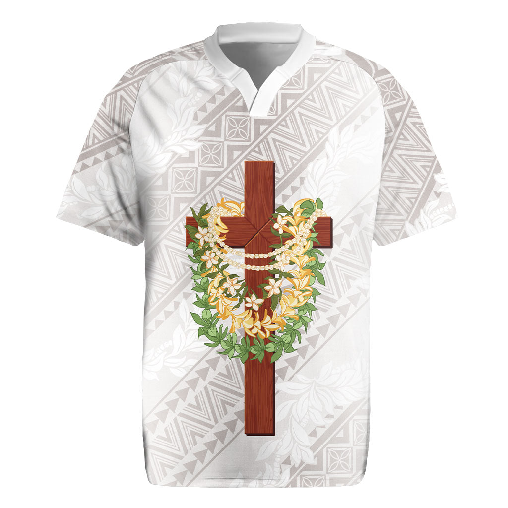 Hawaii Ka Pule a ka Haku Memorial Rugby Jersey Flower Lei Cross - Ivory White LT7 Ivory - Polynesian Pride
