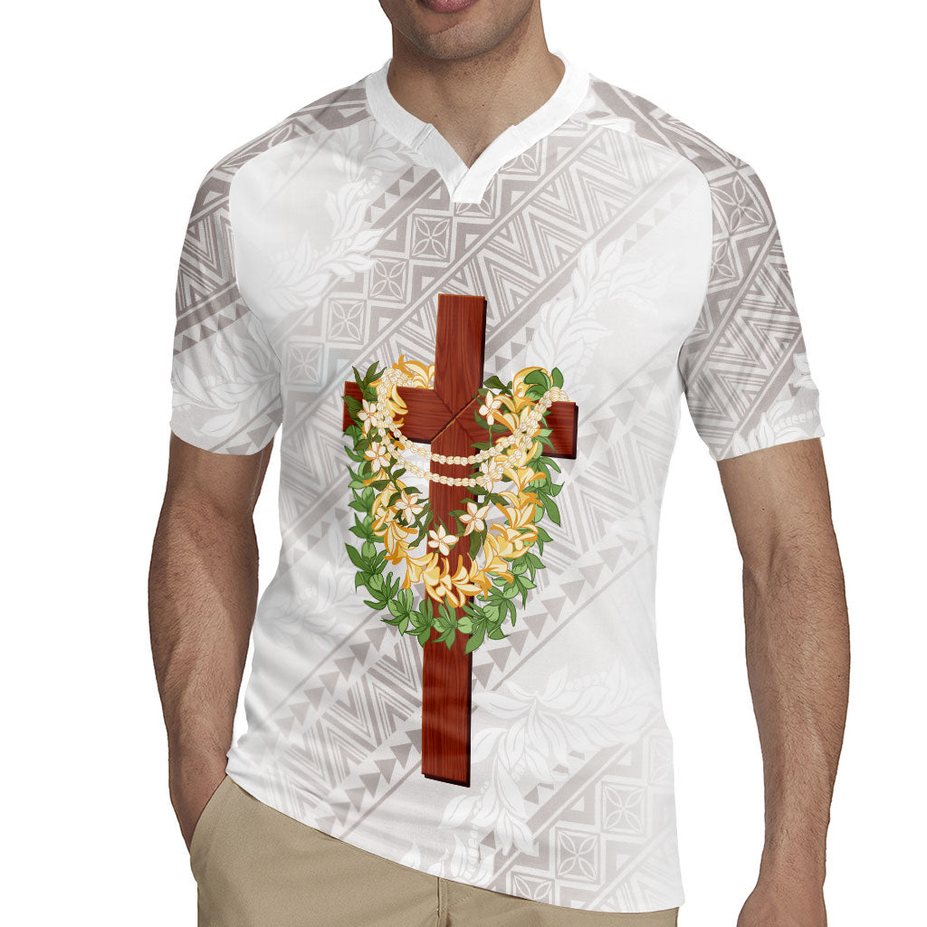 Hawaii Ka Pule a ka Haku Memorial Rugby Jersey Flower Lei Cross - Ivory White LT7 - Polynesian Pride