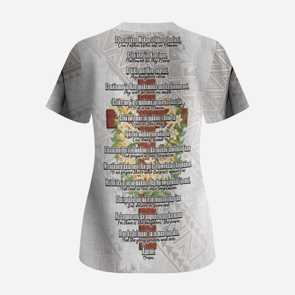 Hawaii ⁠Ka Pule a ka Haku Memorial Scrub Top Flower Lei Cross - Ivory White