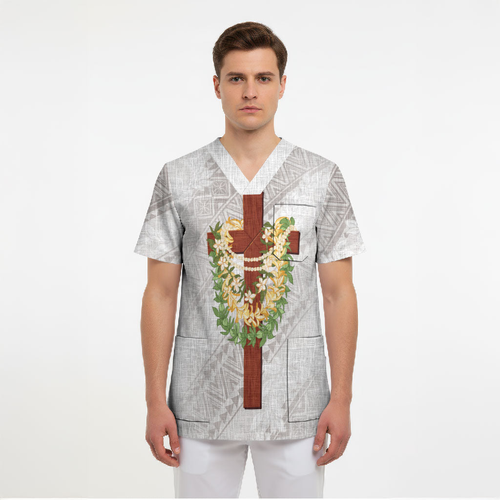 Hawaii ⁠Ka Pule a ka Haku Memorial Scrub Top Flower Lei Cross - Ivory White