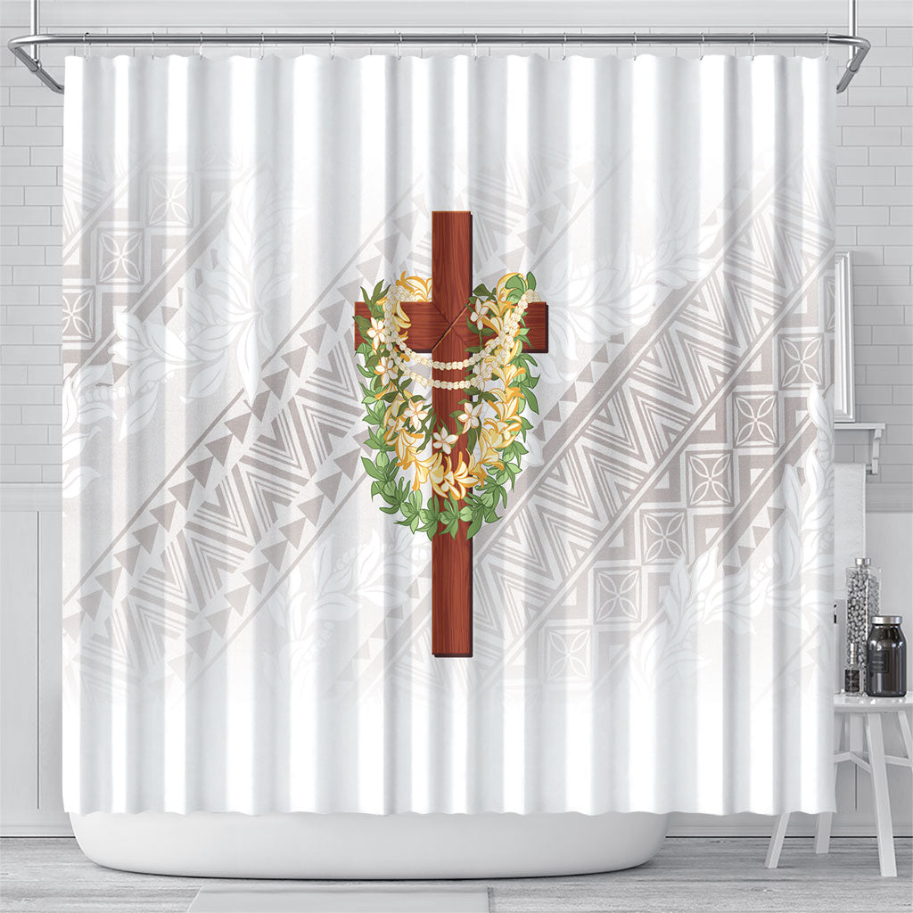 Hawaii Ka Pule a ka Haku Memorial Shower Curtain Flower Lei Cross - Ivory White LT7 - Polynesian Pride