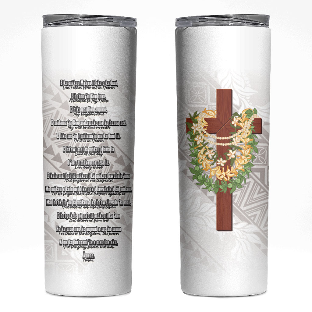 Hawaii ⁠Ka Pule a ka Haku Memorial Skinny Tumbler Flower Lei Cross - Ivory White