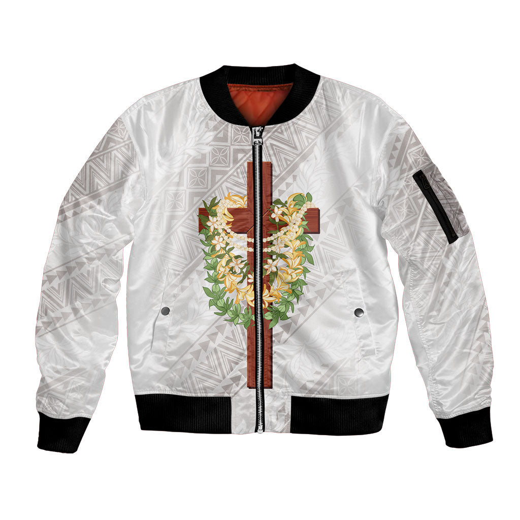 Hawaii Ka Pule a ka Haku Memorial Sleeve Zip Bomber Jacket Flower Lei Cross - Ivory White LT7 Unisex Ivory - Polynesian Pride