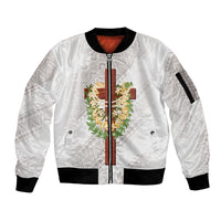 Hawaii Ka Pule a ka Haku Memorial Sleeve Zip Bomber Jacket Flower Lei Cross - Ivory White LT7 Unisex Ivory - Polynesian Pride