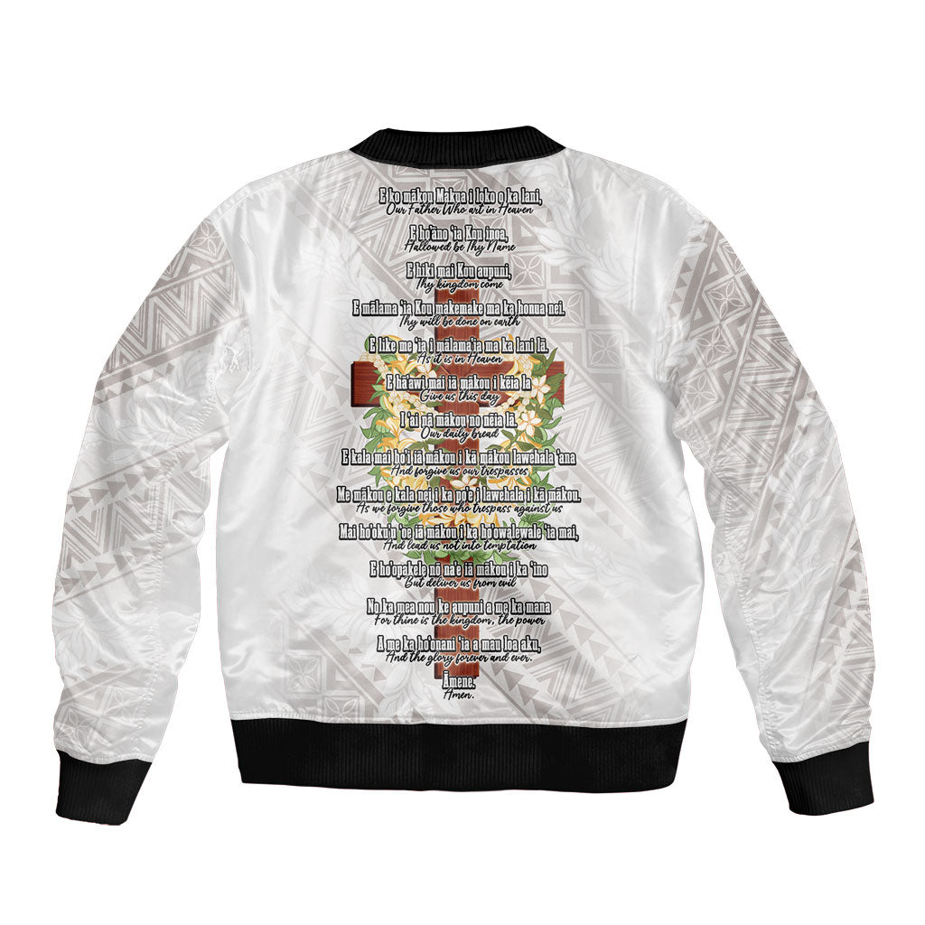 Hawaii Ka Pule a ka Haku Memorial Sleeve Zip Bomber Jacket Flower Lei Cross - Ivory White LT7 - Polynesian Pride