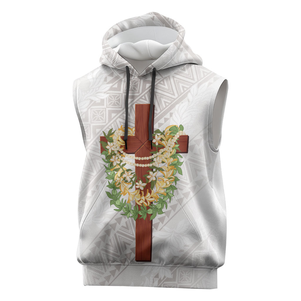 Hawaii ⁠Ka Pule a ka Haku Memorial Sleeveless Hoodie Flower Lei Cross - Ivory White