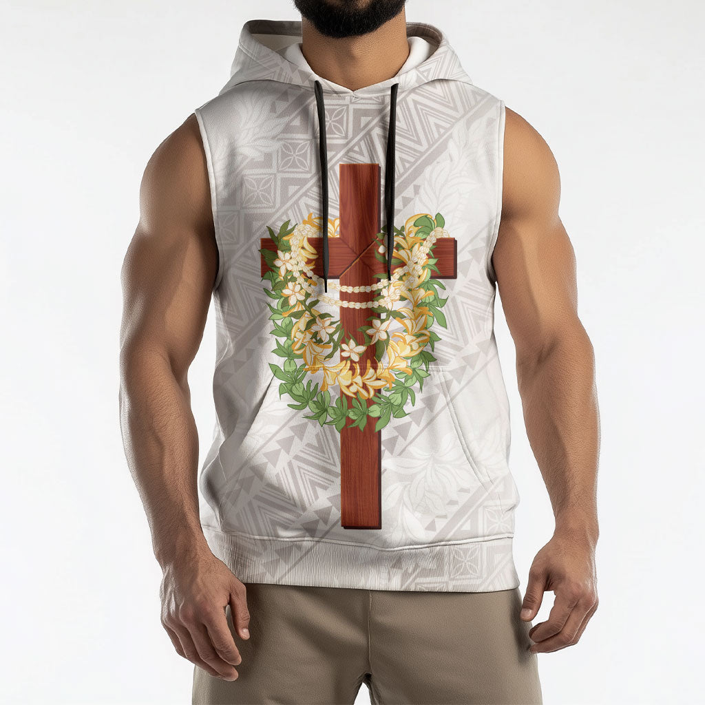 Hawaii Ka Pule a ka Haku Memorial Sleeveless Hoodie Flower Lei Cross - Ivory White LT7 - Polynesian Pride