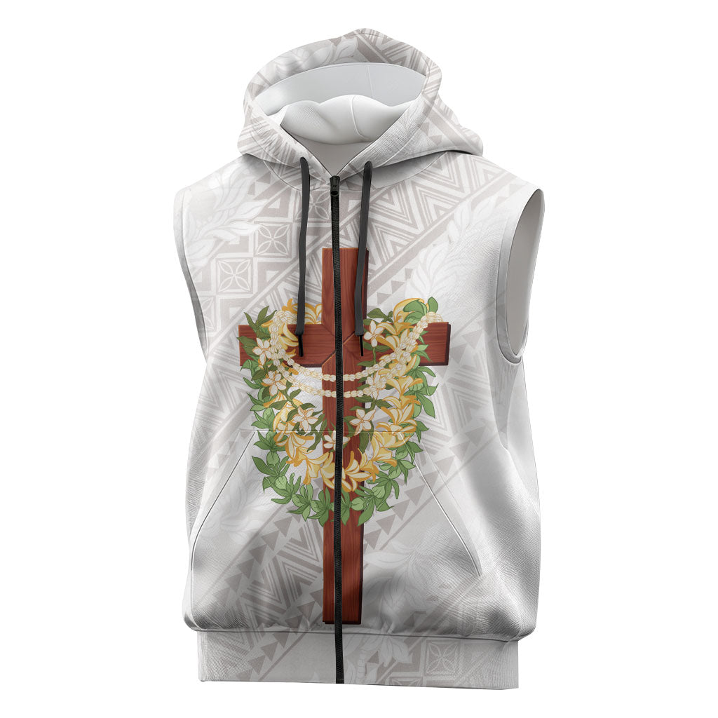 Hawaii Ka Pule a ka Haku Memorial Sleeveless Zip Hoodie Flower Lei Cross - Ivory White LT7 Ivory - Polynesian Pride
