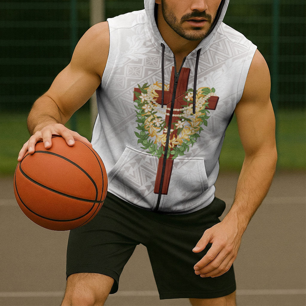 Hawaii Ka Pule a ka Haku Memorial Sleeveless Zip Hoodie Flower Lei Cross - Ivory White LT7 - Polynesian Pride