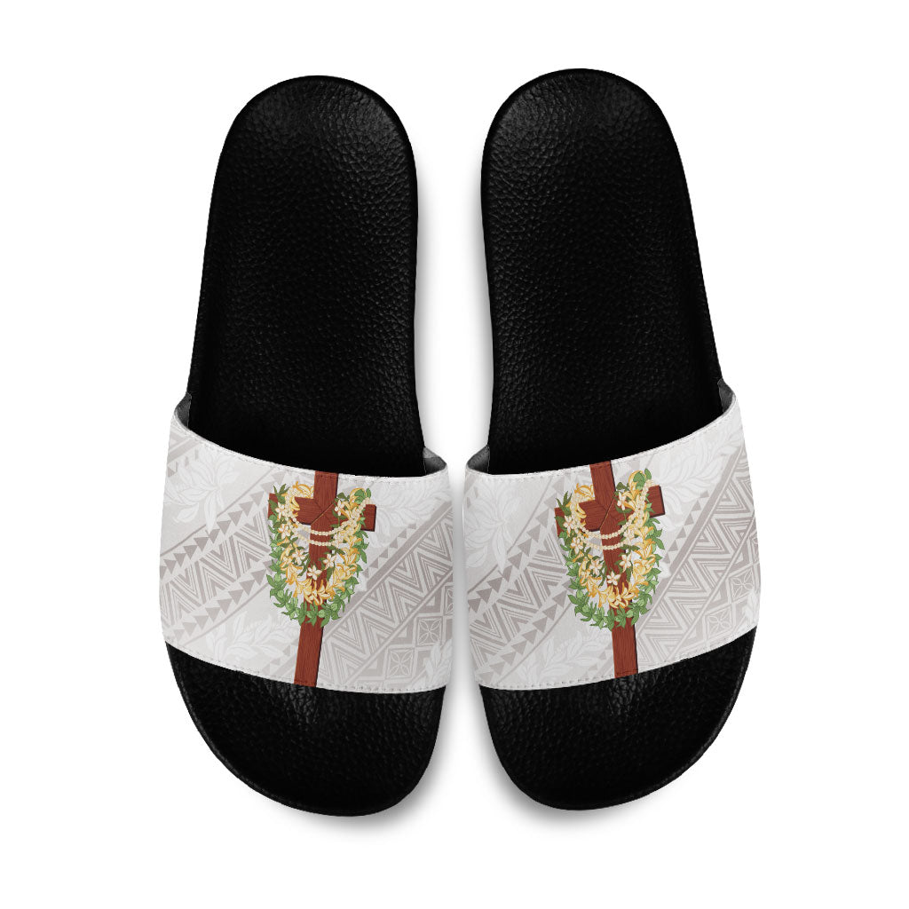 Hawaii ⁠Ka Pule a ka Haku Memorial Slide Sandals Flower Lei Cross - Ivory White