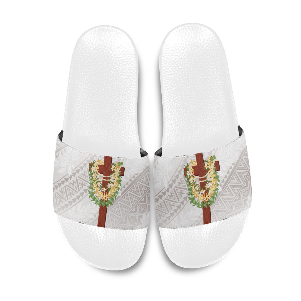 Hawaii Ka Pule a ka Haku Memorial Slide Sandals Flower Lei Cross - Ivory White LT7 Ivory - Polynesian Pride