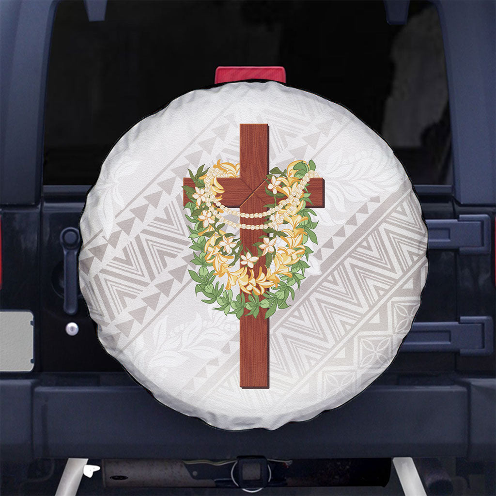 Hawaii Ka Pule a ka Haku Memorial Spare Tire Cover Flower Lei Cross - Ivory White LT7 No hole Ivory - Polynesian Pride