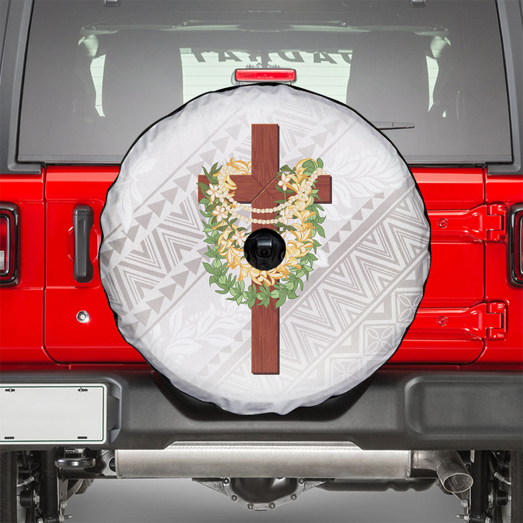 Hawaii Ka Pule a ka Haku Memorial Spare Tire Cover Flower Lei Cross - Ivory White LT7 - Polynesian Pride