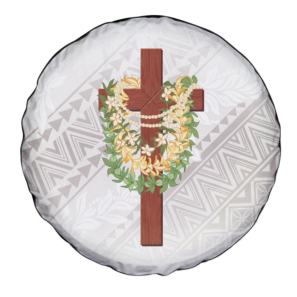 Hawaii Ka Pule a ka Haku Memorial Spare Tire Cover Flower Lei Cross - Ivory White LT7 - Polynesian Pride