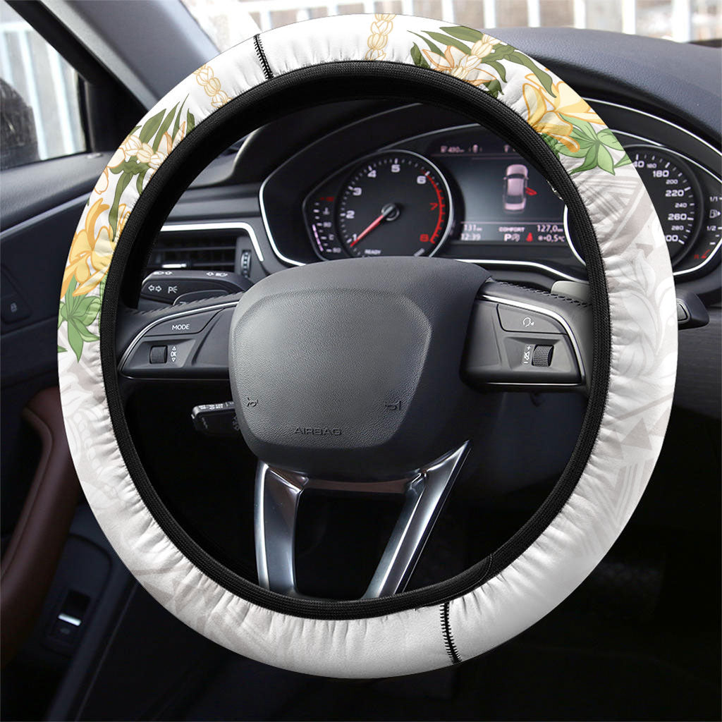 Hawaii Ka Pule a ka Haku Memorial Steering Wheel Cover Flower Lei Cross - Ivory White LT7 - Polynesian Pride