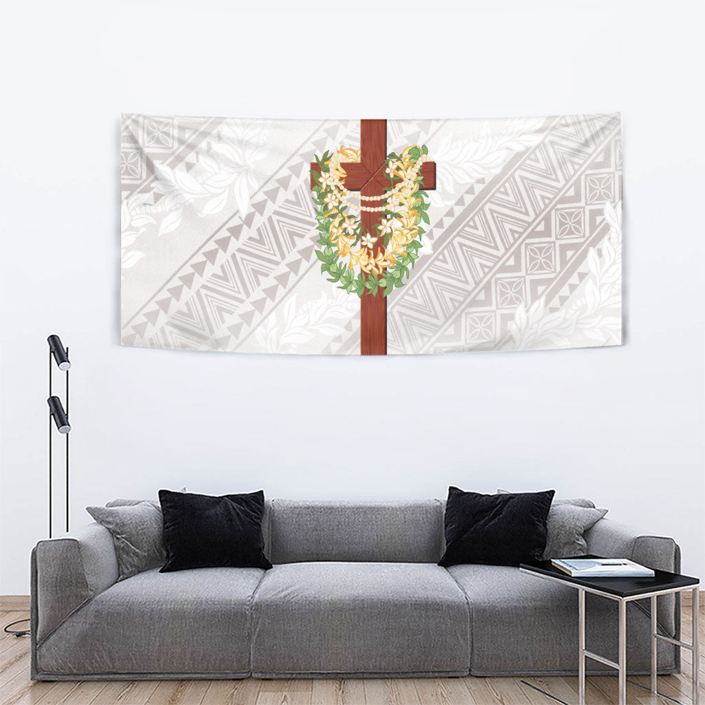 Hawaii Ka Pule a ka Haku Memorial Tapestry Flower Lei Cross - Ivory White LT7 - Polynesian Pride