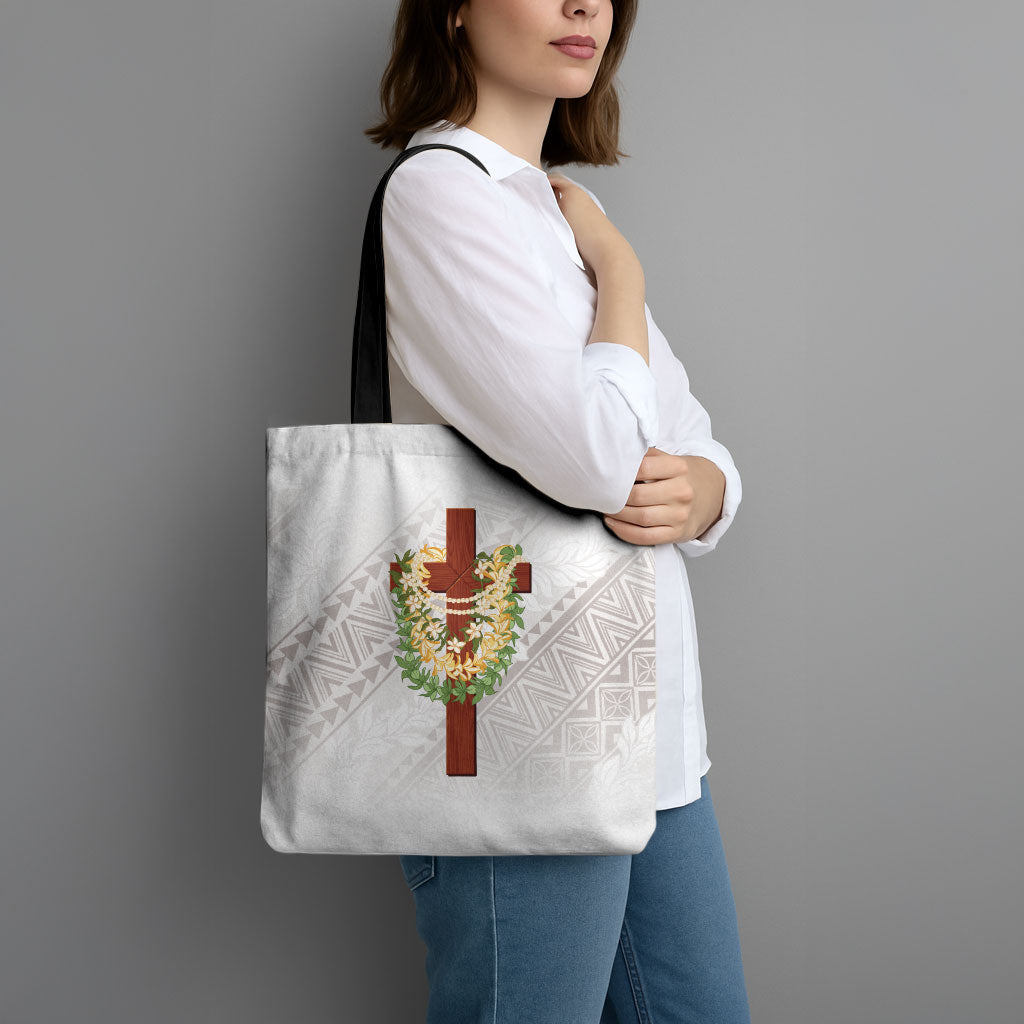 Hawaii ⁠Ka Pule a ka Haku Memorial Tote Bag Flower Lei Cross - Ivory White