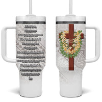 Hawaii Ka Pule a ka Haku Memorial Tumbler With Handle Flower Lei Cross - Ivory White LT7 One Size: 40 oz Ivory - Polynesian Pride