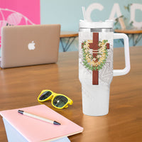 Hawaii Ka Pule a ka Haku Memorial Tumbler With Handle Flower Lei Cross - Ivory White LT7 - Polynesian Pride