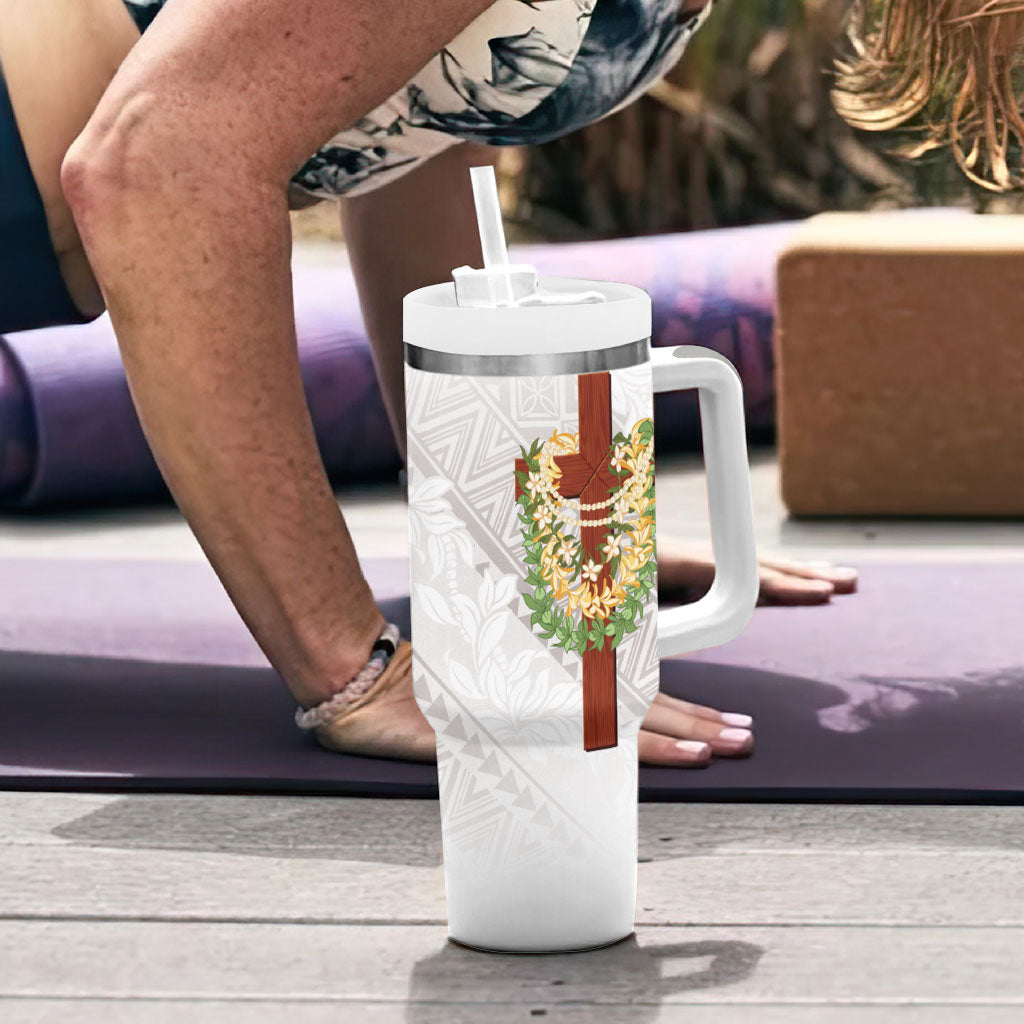 Hawaii Ka Pule a ka Haku Memorial Tumbler With Handle Flower Lei Cross - Ivory White LT7 - Polynesian Pride