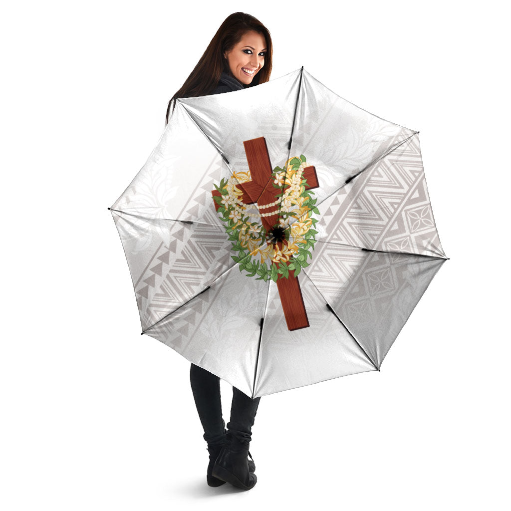 Hawaii ⁠Ka Pule a ka Haku Memorial Umbrella Flower Lei Cross - Ivory White
