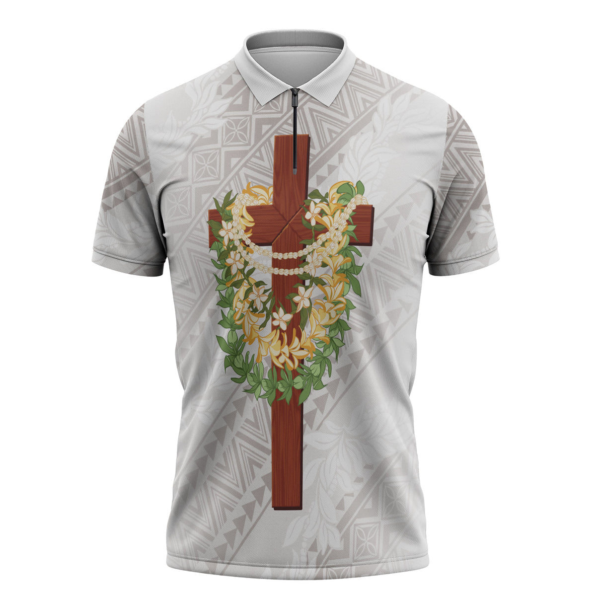 Hawaii Ka Pule a ka Haku Memorial Zipper Polo Shirt Flower Lei Cross - Ivory White LT7 Ivory - Polynesian Pride