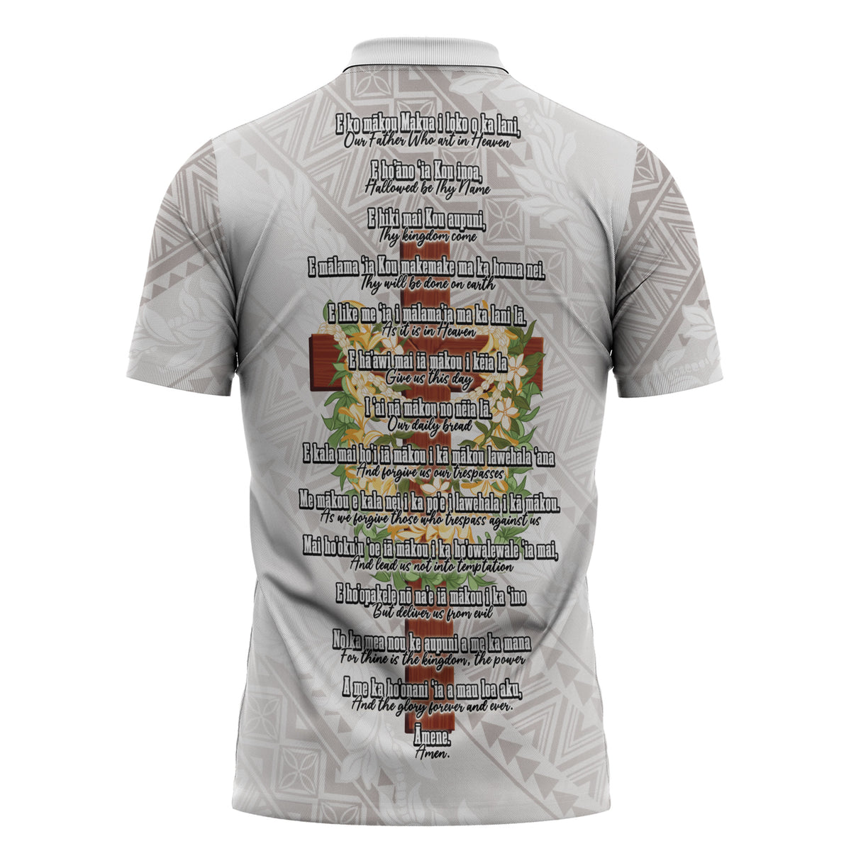 Hawaii Ka Pule a ka Haku Memorial Zipper Polo Shirt Flower Lei Cross - Ivory White LT7 - Polynesian Pride