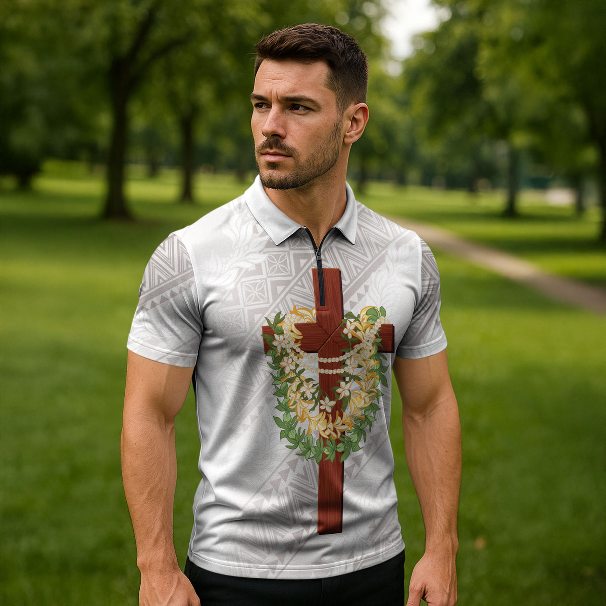 Hawaii Ka Pule a ka Haku Memorial Zipper Polo Shirt Flower Lei Cross - Ivory White LT7 - Polynesian Pride
