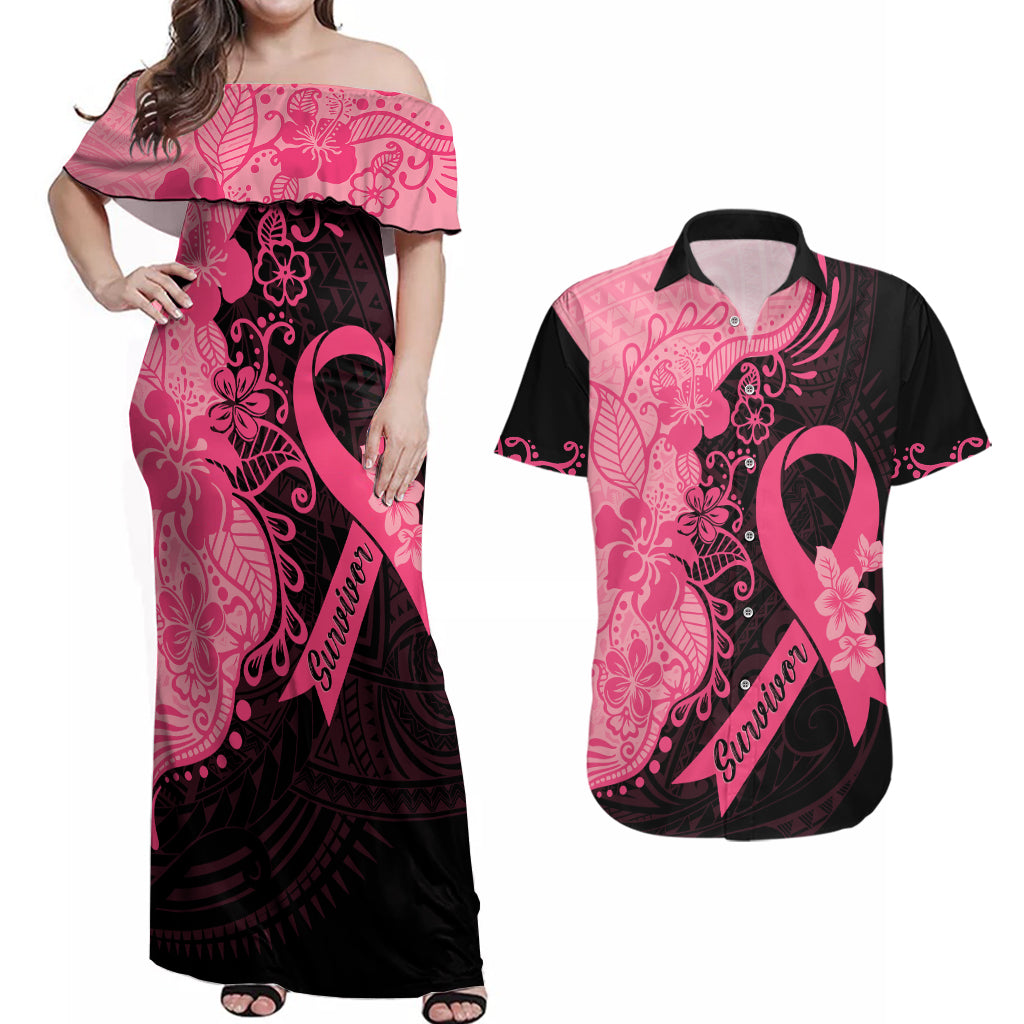 Polynesian Couples Matching Off Shoulder Maxi Dress and Hawaiian Shirt Plumeria Breast Cancer Awareness Survivor Ribbon Pink LT7 Black Pink - Polynesian Pride