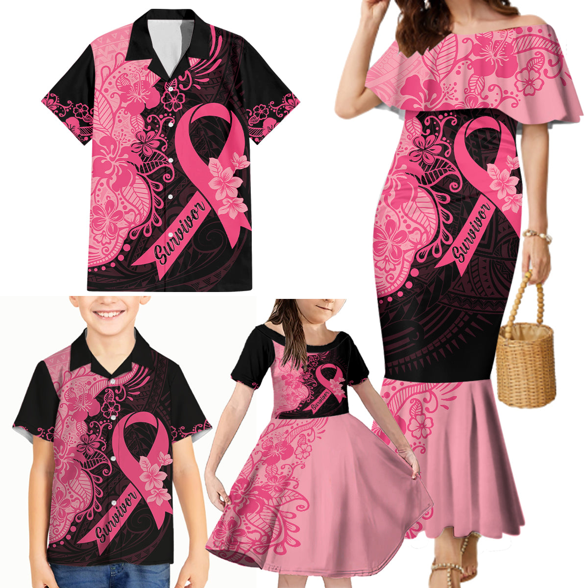 Polynesian Family Matching Mermaid Dress and Hawaiian Shirt Plumeria Breast Cancer Awareness Survivor Ribbon Pink LT7 - Polynesian Pride