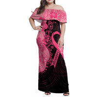 Polynesian Family Matching Off Shoulder Maxi Dress and Hawaiian Shirt Plumeria Breast Cancer Awareness Survivor Ribbon Pink LT7 Mom's Dress Black Pink - Polynesian Pride