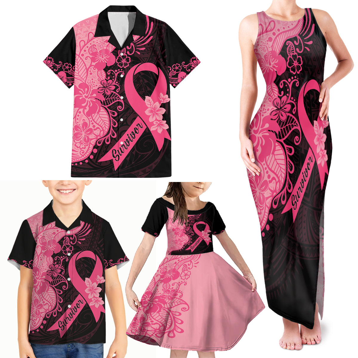 Polynesian Family Matching Tank Maxi Dress and Hawaiian Shirt Plumeria Breast Cancer Awareness Survivor Ribbon Pink LT7 - Polynesian Pride