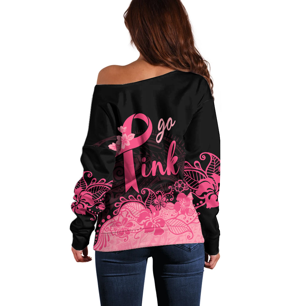 Polynesian Off Shoulder Sweater Plumeria Breast Cancer Awareness Survivor Ribbon Pink LT7 - Polynesian Pride