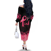 Polynesian Off The Shoulder Long Sleeve Dress Plumeria Breast Cancer Awareness Survivor Ribbon Pink LT7 - Polynesian Pride