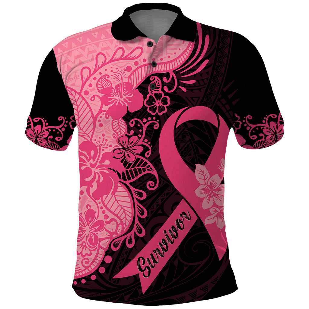 Polynesian Polo Shirt Plumeria Breast Cancer Awareness Survivor Ribbon Pink LT7 Black Pink - Polynesian Pride