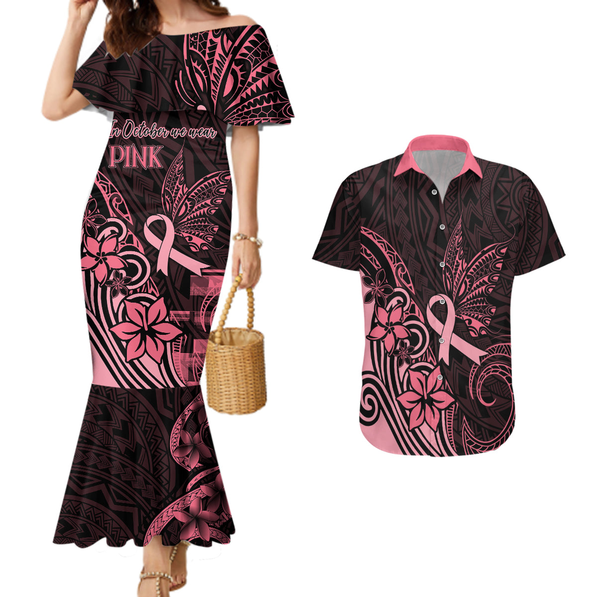 Polynesian Couples Matching Mermaid Dress and Hawaiian Shirt Breast Cancer RIbbon Butterfly Mix Plumeria Curves Pink LT7 Black Pink - Polynesian Pride