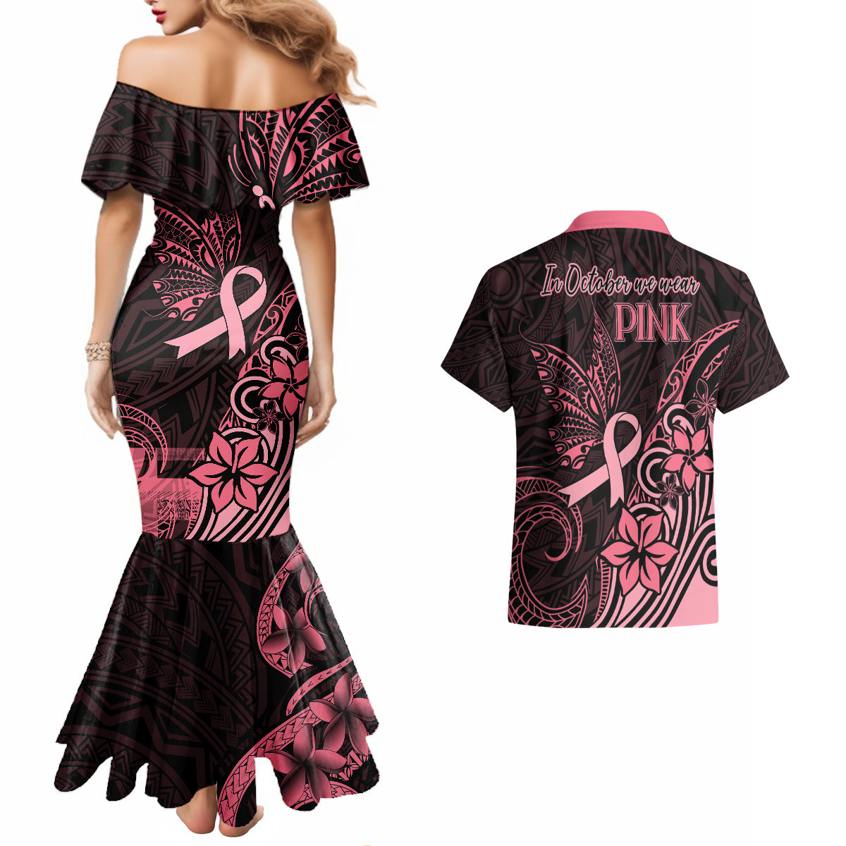 Polynesian Couples Matching Mermaid Dress and Hawaiian Shirt Breast Cancer RIbbon Butterfly Mix Plumeria Curves Pink LT7 - Polynesian Pride
