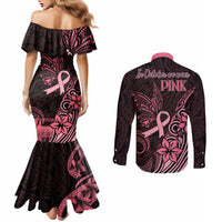 Polynesian Couples Matching Mermaid Dress and Long Sleeve Button Shirts Breast Cancer RIbbon Butterfly Mix Plumeria Curves Pink LT7 - Polynesian Pride