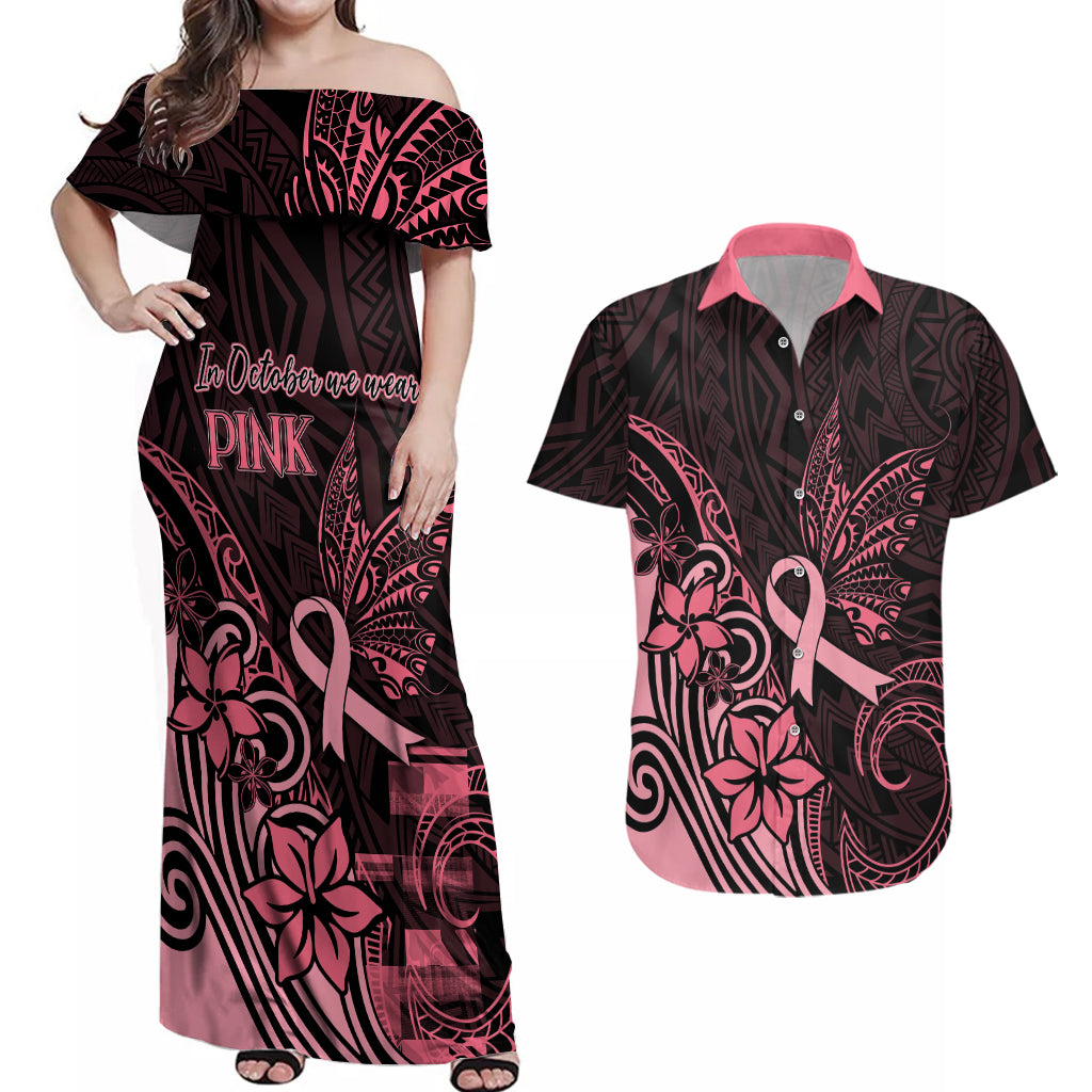 Polynesian Couples Matching Off Shoulder Maxi Dress and Hawaiian Shirt Breast Cancer RIbbon Butterfly Mix Plumeria Curves Pink LT7 Black Pink - Polynesian Pride