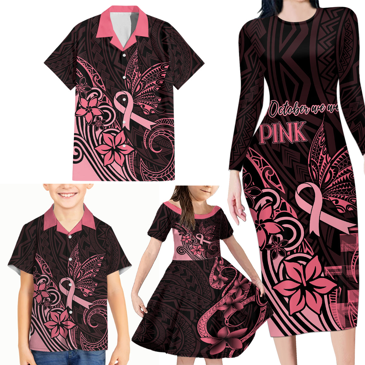 Polynesian Family Matching Long Sleeve Bodycon Dress and Hawaiian Shirt Breast Cancer RIbbon Butterfly Mix Plumeria Curves Pink LT7 - Polynesian Pride