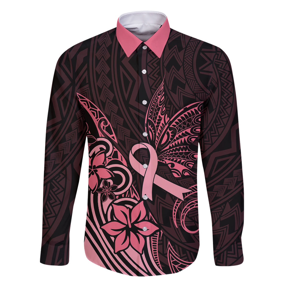 Polynesian Family Matching Long Sleeve Bodycon Dress and Hawaiian Shirt Breast Cancer RIbbon Butterfly Mix Plumeria Curves Pink LT7 Dad's Shirt - Long Sleeve Black Pink - Polynesian Pride