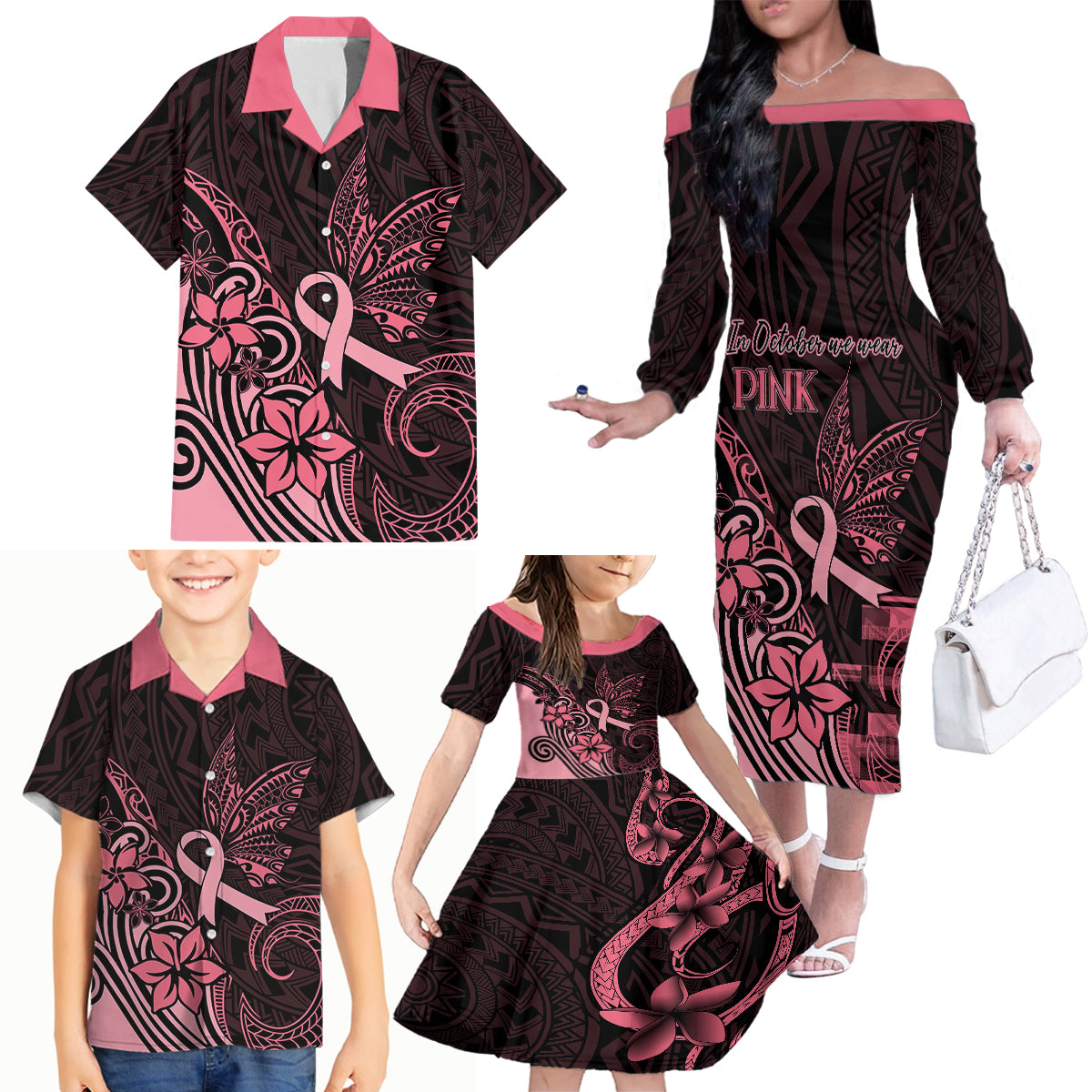 Polynesian Family Matching Off Shoulder Long Sleeve Dress and Hawaiian Shirt Breast Cancer RIbbon Butterfly Mix Plumeria Curves Pink LT7 - Polynesian Pride