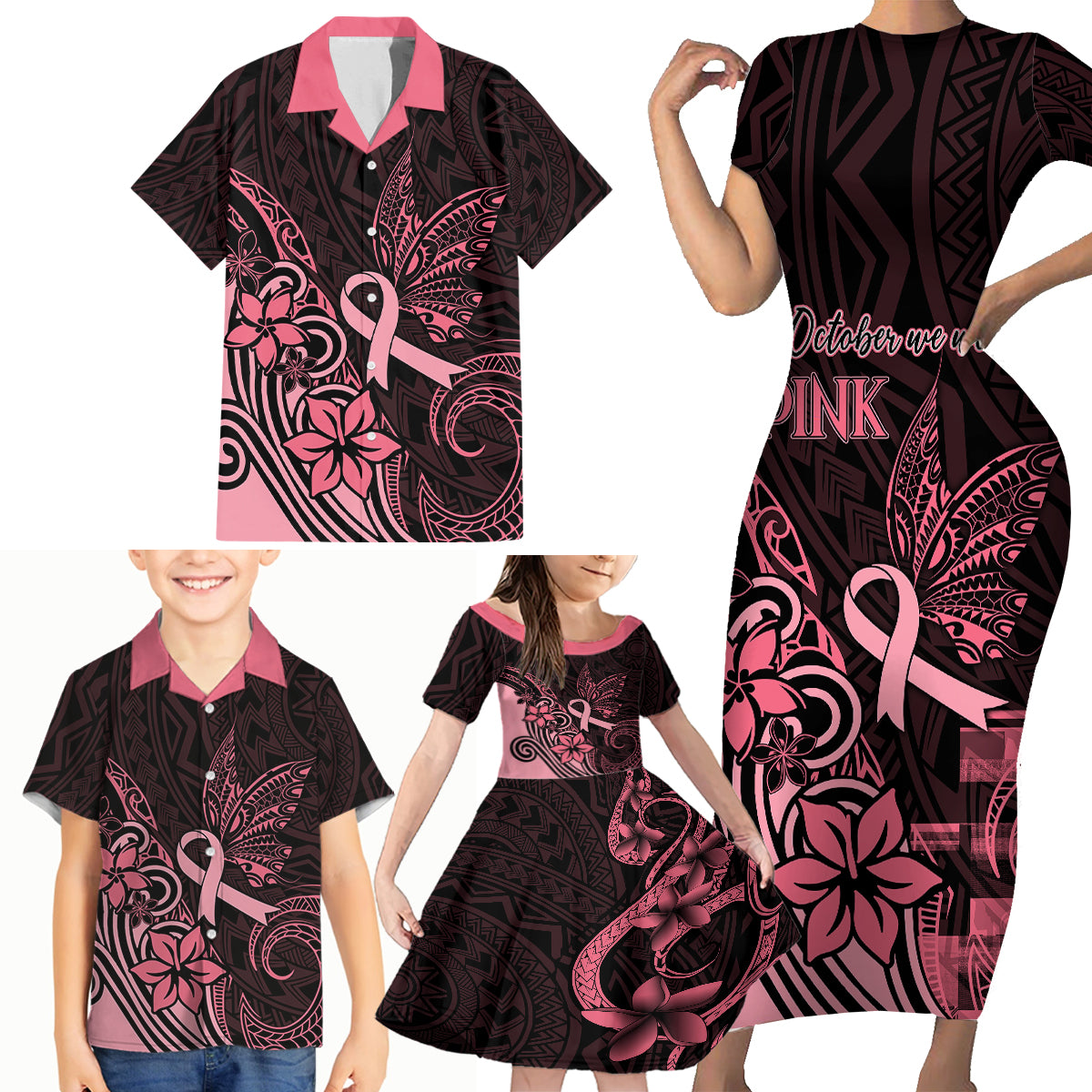 Polynesian Family Matching Short Sleeve Bodycon Dress and Hawaiian Shirt Breast Cancer RIbbon Butterfly Mix Plumeria Curves Pink LT7 - Polynesian Pride