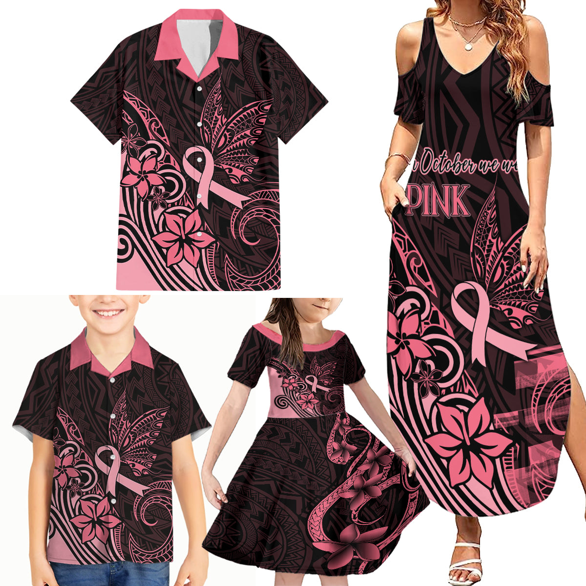 Polynesian Family Matching Summer Maxi Dress and Hawaiian Shirt Breast Cancer RIbbon Butterfly Mix Plumeria Curves Pink LT7 - Polynesian Pride