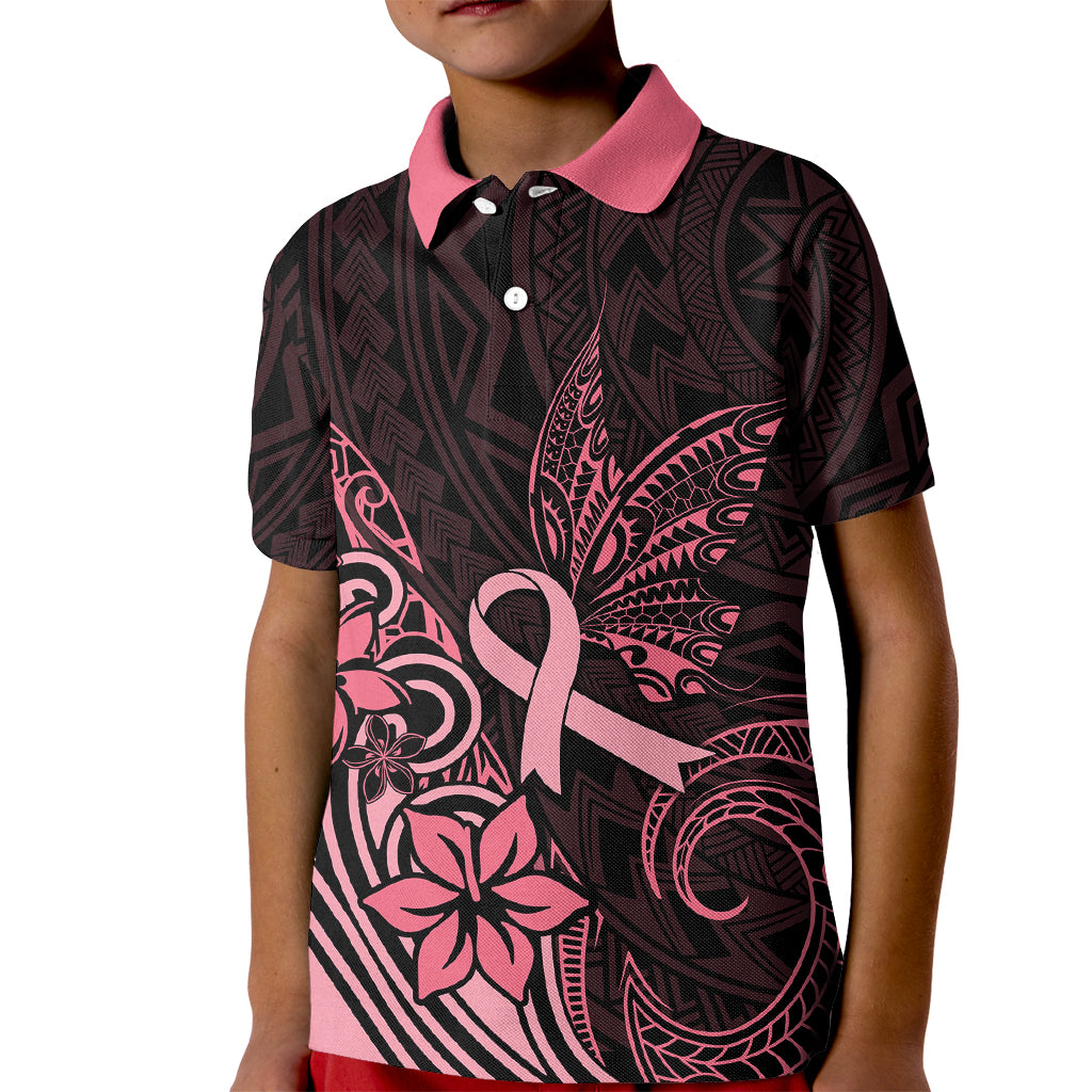 Polynesian Kid Polo Shirt Breast Cancer RIbbon Butterfly Mix Plumeria Curves Pink LT7 Kid Black Pink - Polynesian Pride