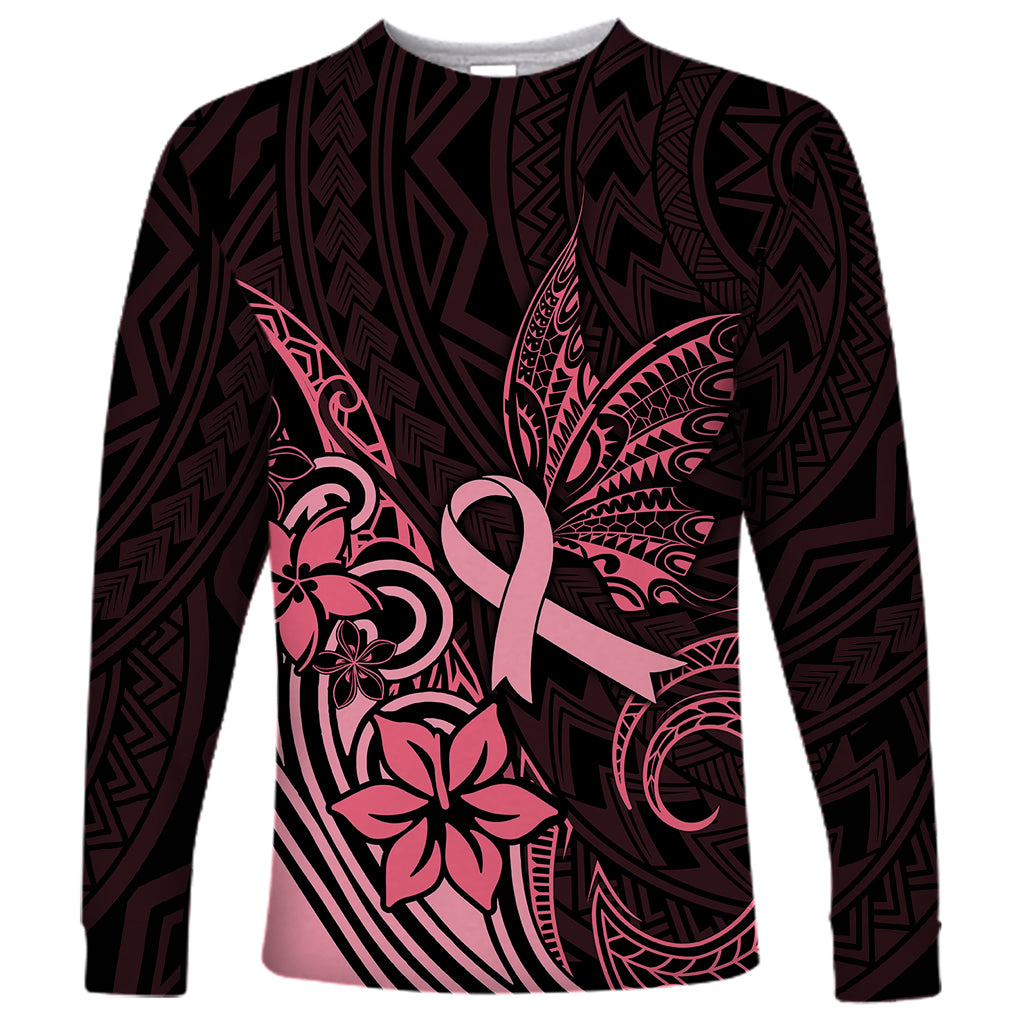 Polynesian Long Sleeve Shirt Breast Cancer RIbbon Butterfly Mix Plumeria Curves Pink LT7 Unisex Black Pink - Polynesian Pride