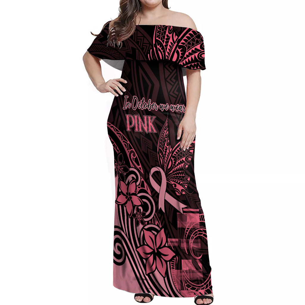 Polynesian Off Shoulder Maxi Dress Breast Cancer RIbbon Butterfly Mix Plumeria Curves Pink LT7 Women Black Pink - Polynesian Pride