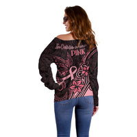 Polynesian Off Shoulder Sweater Breast Cancer RIbbon Butterfly Mix Plumeria Curves Pink LT7 - Polynesian Pride