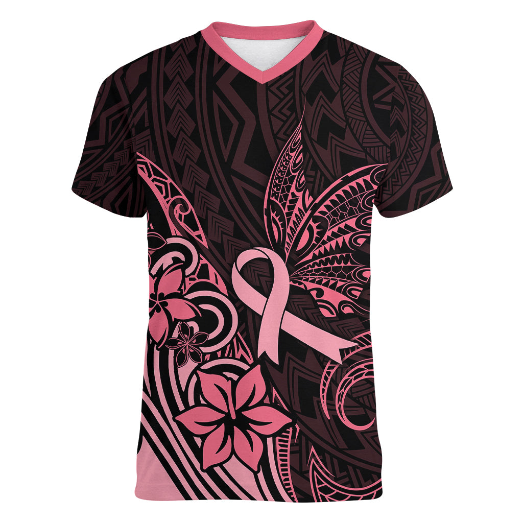 Polynesian Women V Neck T Shirt Breast Cancer RIbbon Butterfly Mix Plumeria Curves Pink LT7 Female Black Pink - Polynesian Pride